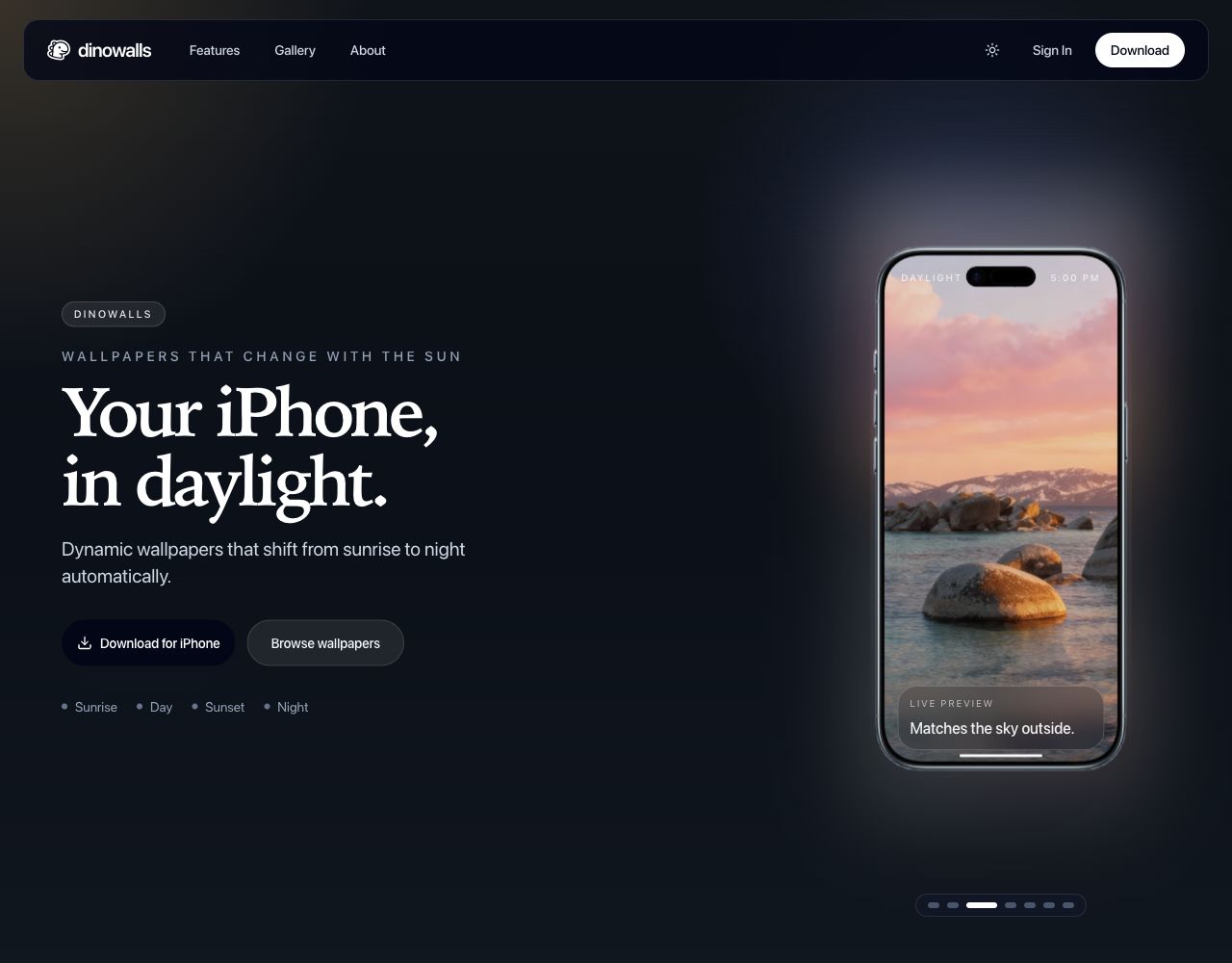 Dinowalls homepage in dark mode
