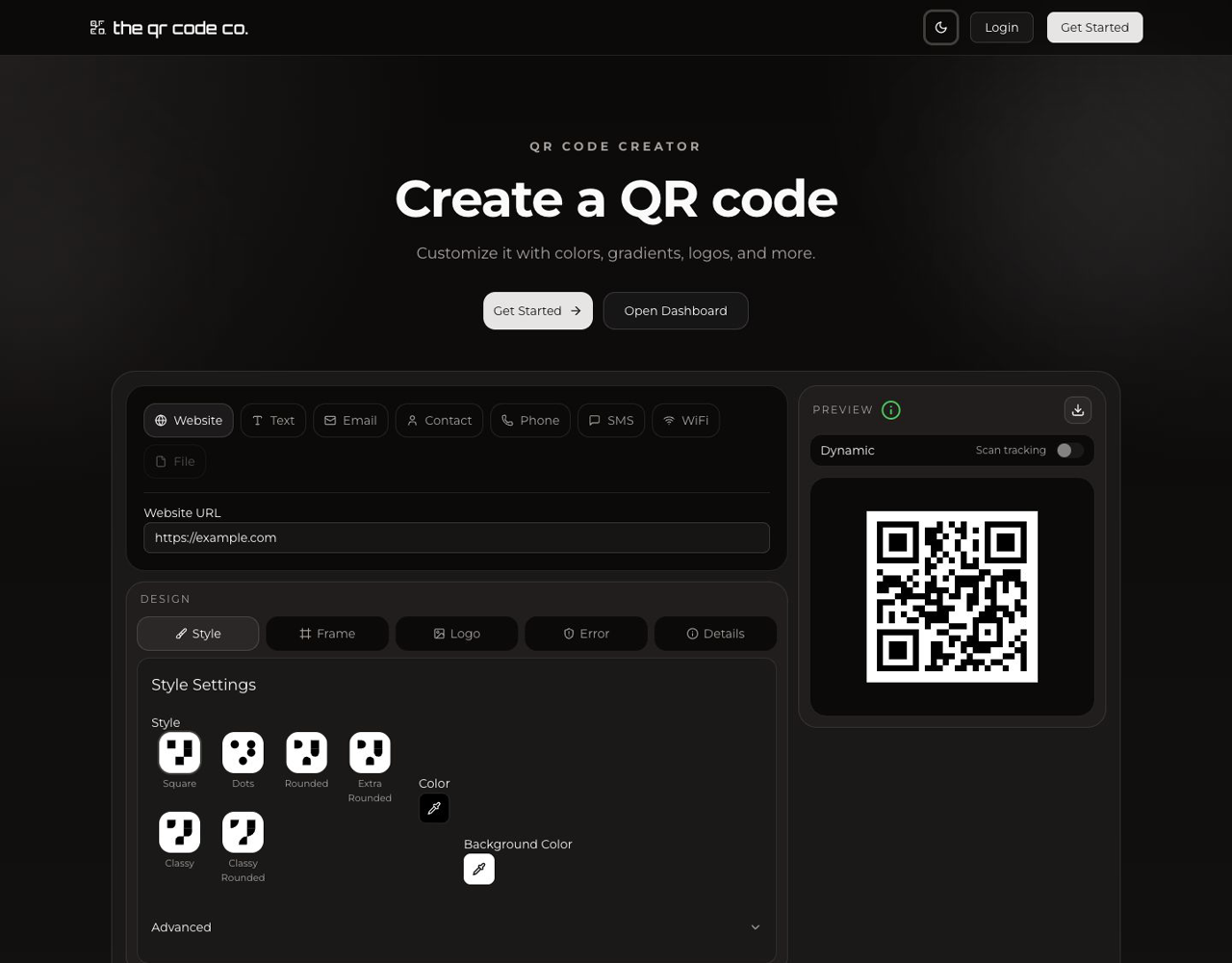 the qr code co. homepage in dark mode
